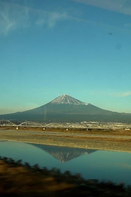 Le mont Fuji vu d'un train en marche
